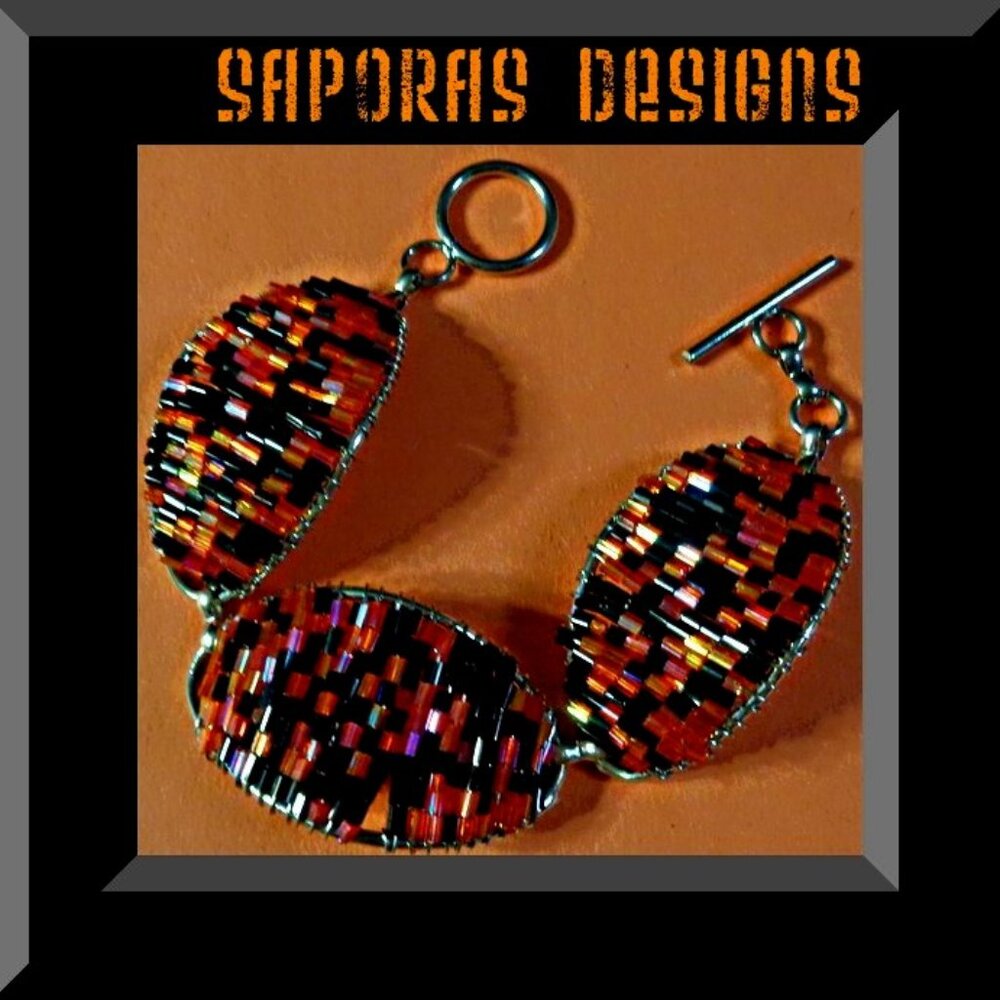 Handmade Black & Orange Beaded Bracelet With Silver Tone Finish Native Ethnic